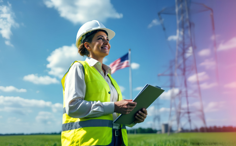 Mujer ingeniera en la industria de servicios públicos, sonriendo mientras sostiene una tablet. Lleva casco blanco de seguridad y chaleco reflectante amarillo, representando el sector energético y de servicios. De fondo, un cielo azul con nubes, torres eléctricas y una bandera de Estados Unidos, simbolizando eficiencia operativa, toma de decisiones basada en datos y la importancia de la transformación digital en el sector utilities.