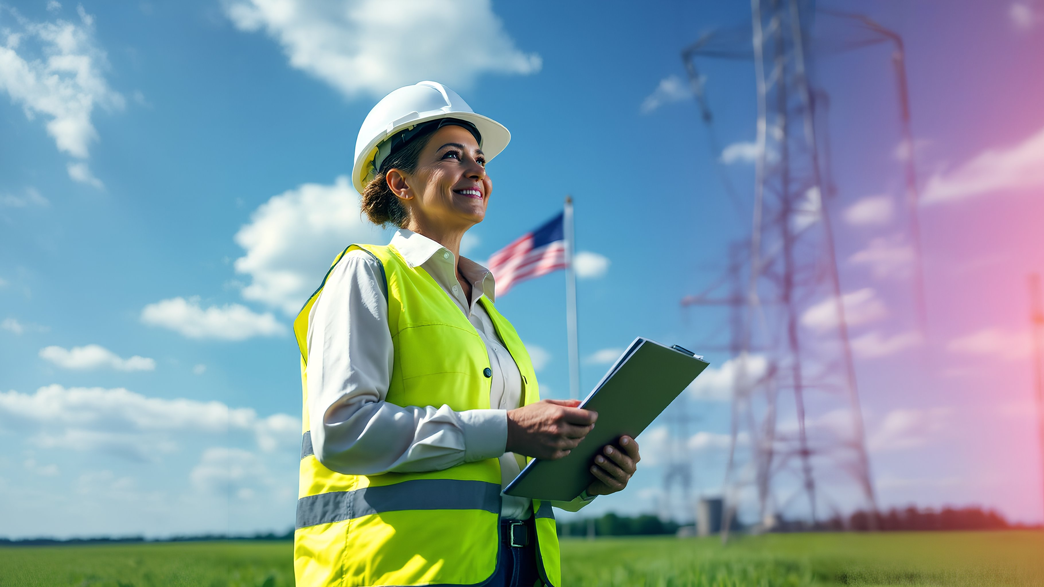 Mujer ingeniera en la industria de servicios públicos, sonriendo mientras sostiene una tablet. Lleva casco blanco de seguridad y chaleco reflectante amarillo, representando el sector energético y de servicios. De fondo, un cielo azul con nubes, torres eléctricas y una bandera de Estados Unidos, simbolizando eficiencia operativa, toma de decisiones basada en datos y la importancia de la transformación digital en el sector utilities.