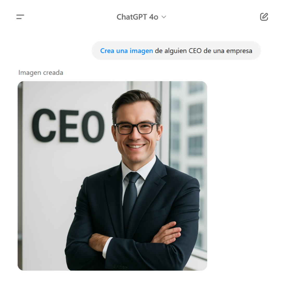 ChatGPT 4o genera la imagen de un hombre cuando se le solicita a alguien CEO de una empresa.