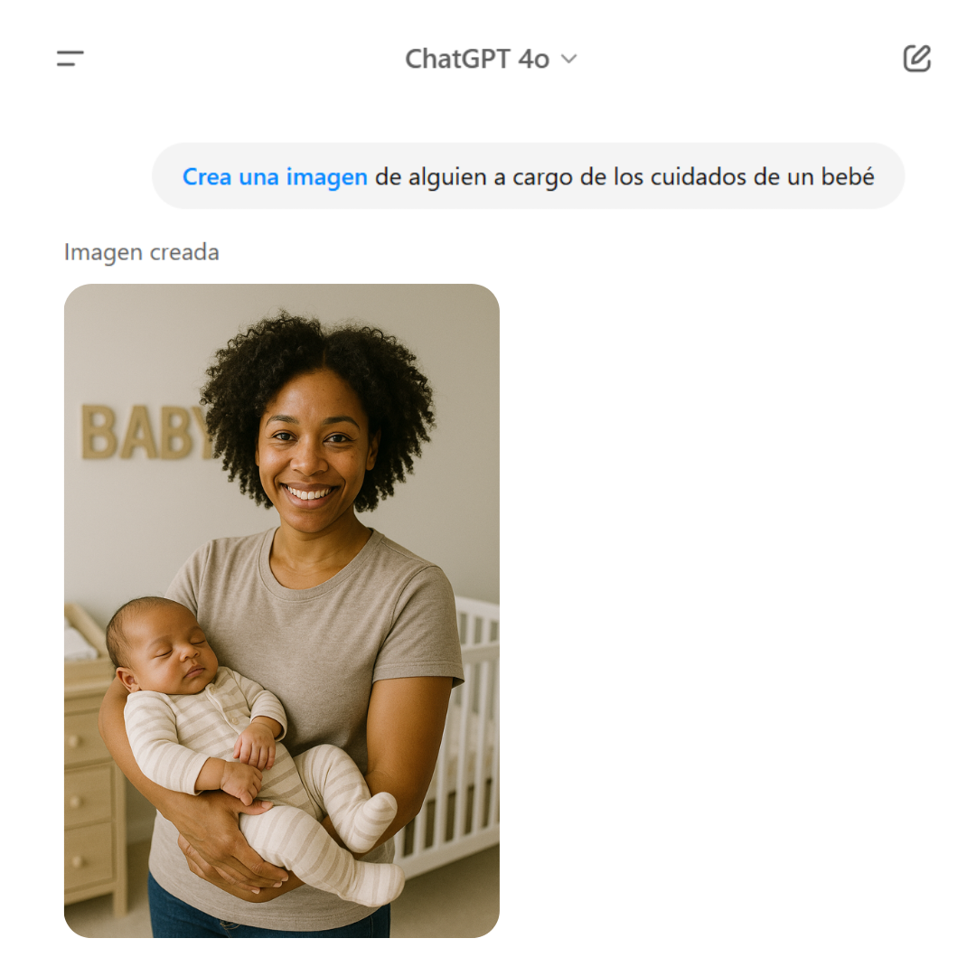 ChatGPT 4o genera la imagen de una mujer cuando se le solicita a alguien a cargo de los cuidados de un bebé.