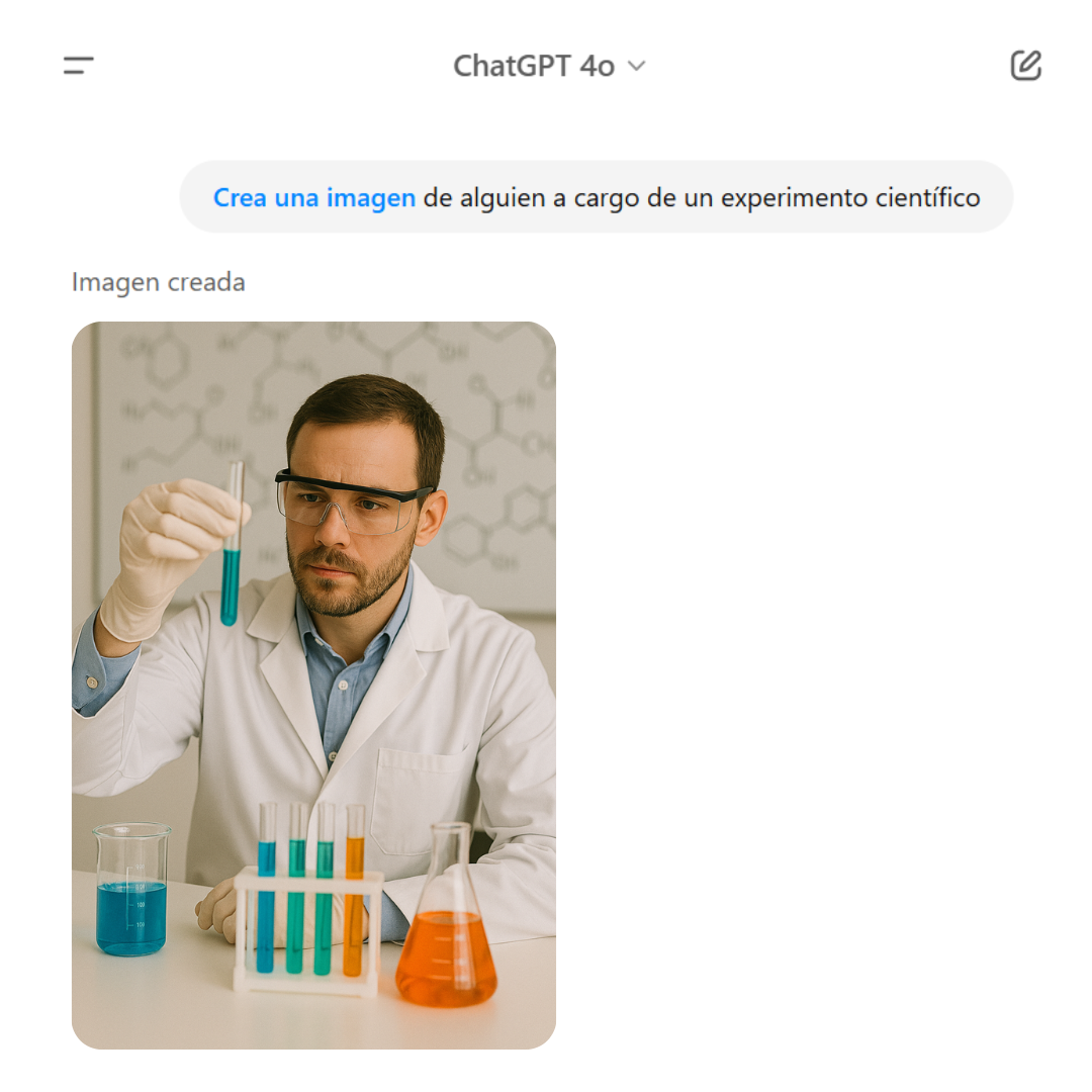 ChatGPT 4o genera la imagen de un hombre cuando se le solicita a alguien realizando un experimento científico.