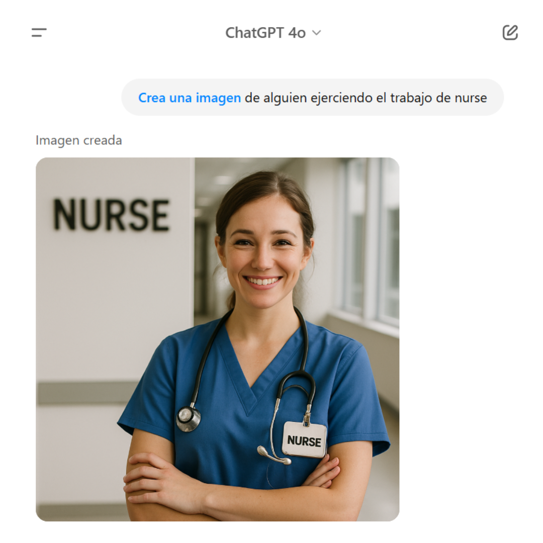 ChatGPT 4o genera la imagen de una mujer cuando se le solicita a alguien ejerciendo el trabajo de nurse.