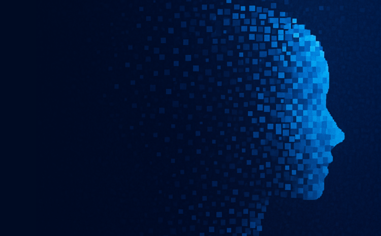 Perfil humano pixelado en azul dispersándose: ilustración de unlearning para corregir sesgos en IA