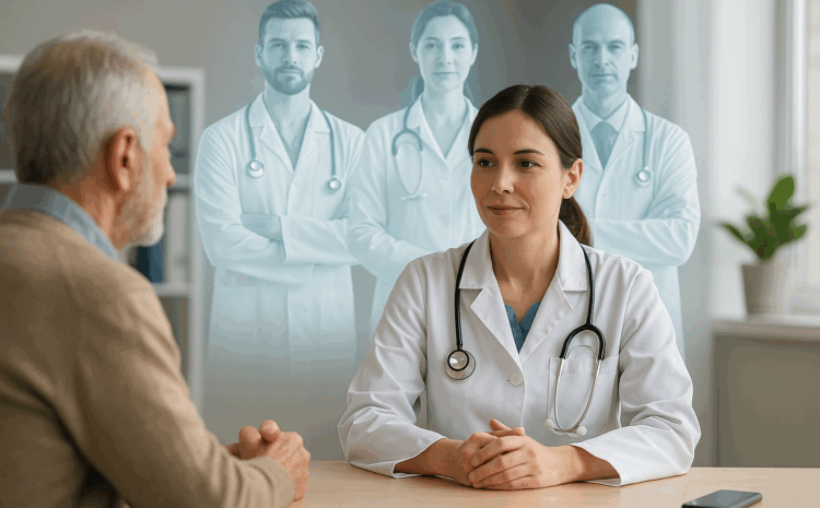 Médica atendiendo a un paciente mayor, con la imagen difuminada de tres médicos detrás representando agentes de inteligencia artificial que apoyan el trabajo clínico, simbolizando el uso de IA en el sector salud.