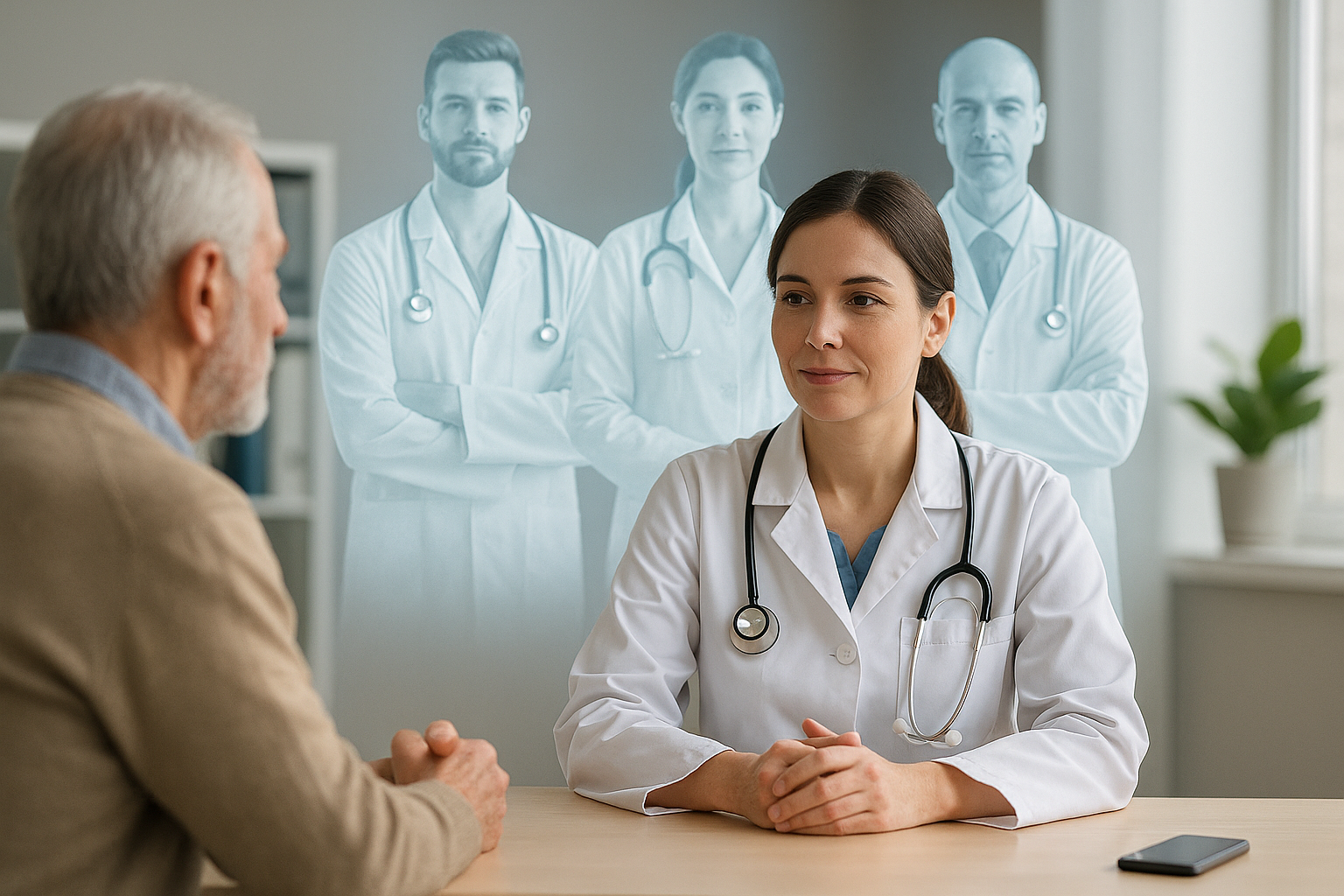 Médica atendiendo a un paciente mayor, con la imagen difuminada de tres médicos detrás representando agentes de inteligencia artificial que apoyan el trabajo clínico, simbolizando el uso de IA en el sector salud.
