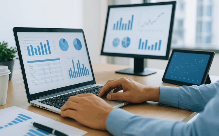 Person analyzing interactive dashboards on a laptop and two monitors, displaying bar charts, pie charts, and data tables. Represents the use of Business Intelligence tools in a hybrid model, combining centralized and self-service BI to support decision-making in the public services sector.
