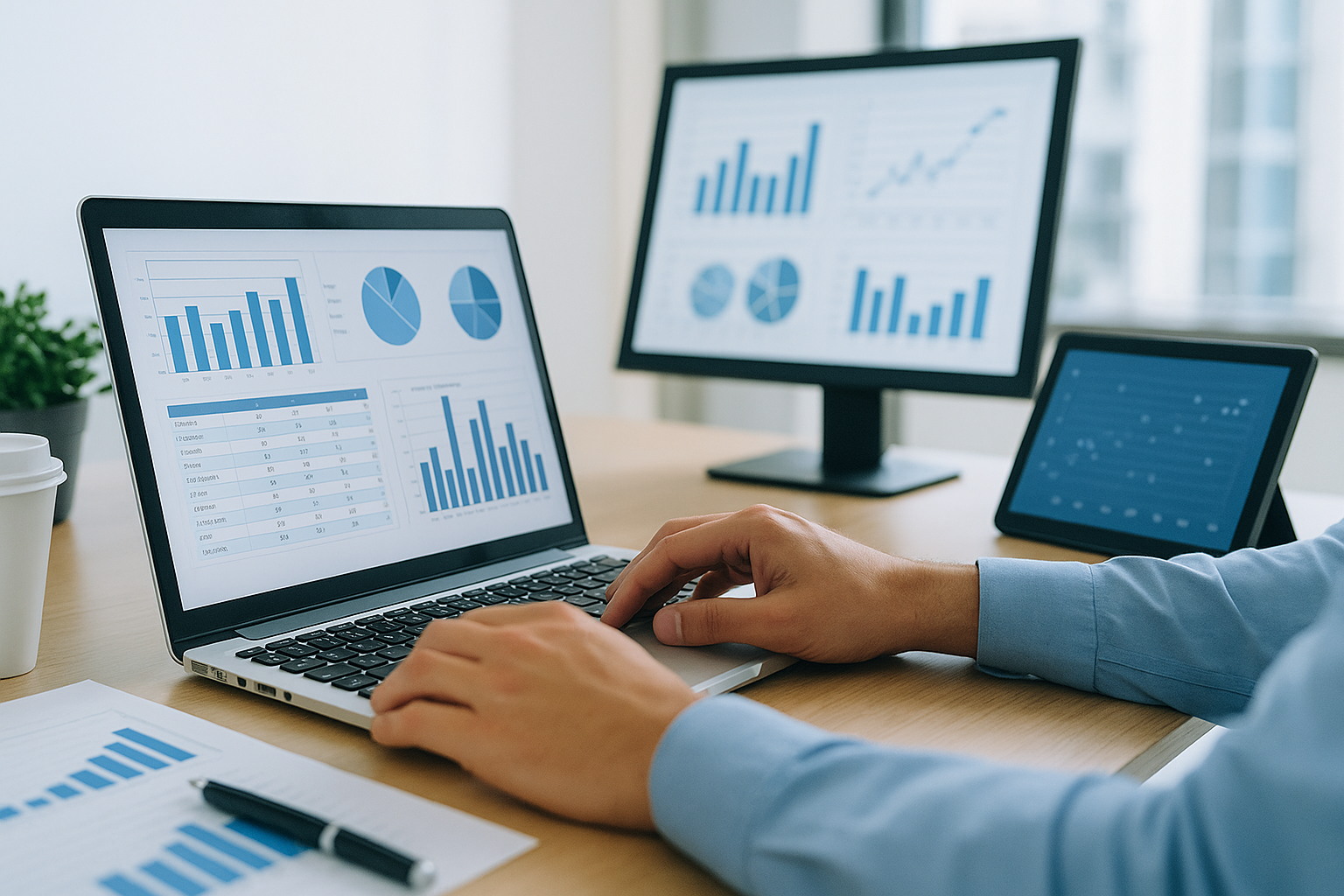 Person analyzing interactive dashboards on a laptop and two monitors, displaying bar charts, pie charts, and data tables. Represents the use of Business Intelligence tools in a hybrid model, combining centralized and self-service BI to support decision-making in the public services sector.