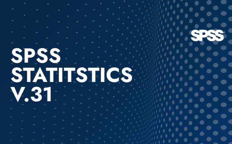 Gráfico promocional de SPSS Statistics V.31 sobre un fondo azul oscuro con un patrón de puntos blancos. El logo de SPSS se encuentra en la esquina superior derecha.