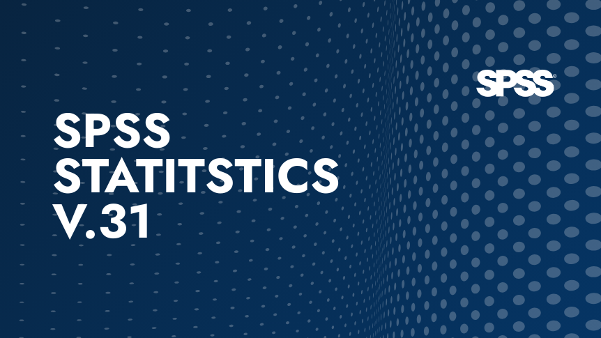 Gráfico promocional de SPSS Statistics V.31 sobre un fondo azul oscuro con un patrón de puntos blancos. El logo de SPSS se encuentra en la esquina superior derecha.
