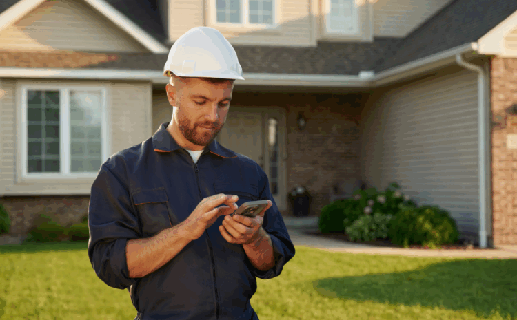 Field service technician using Vektora’s mobile workforce management app (MWM) at a residential site. The image highlights digital transformation in utility operations for electricity, gas, and water companies to reduce operational costs.