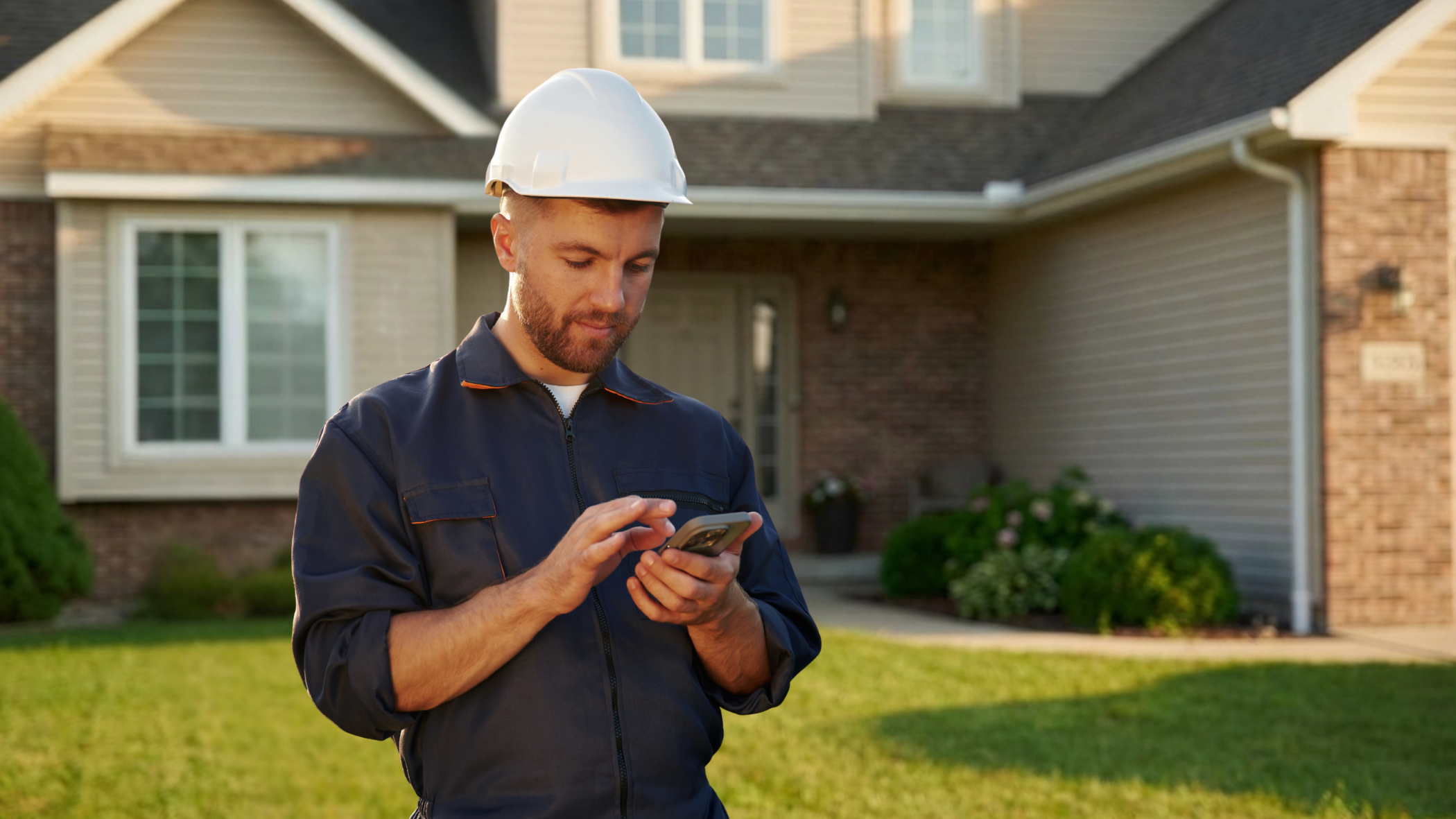 Field service technician using Vektora’s mobile workforce management app (MWM) at a residential site. The image highlights digital transformation in utility operations for electricity, gas, and water companies to reduce operational costs.