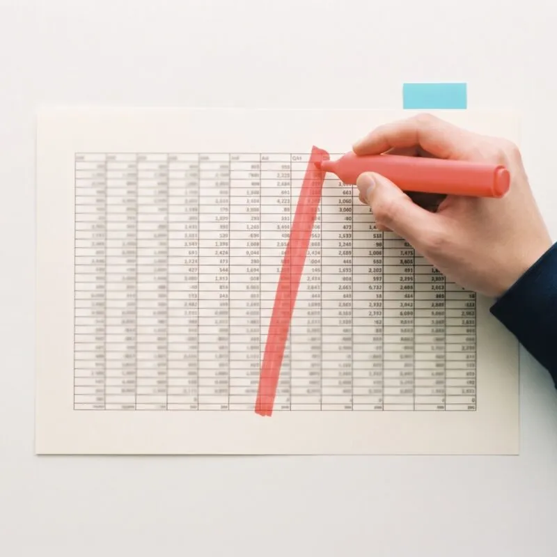 Tabla de datos impresa con una columna marcada en coral por un marcador